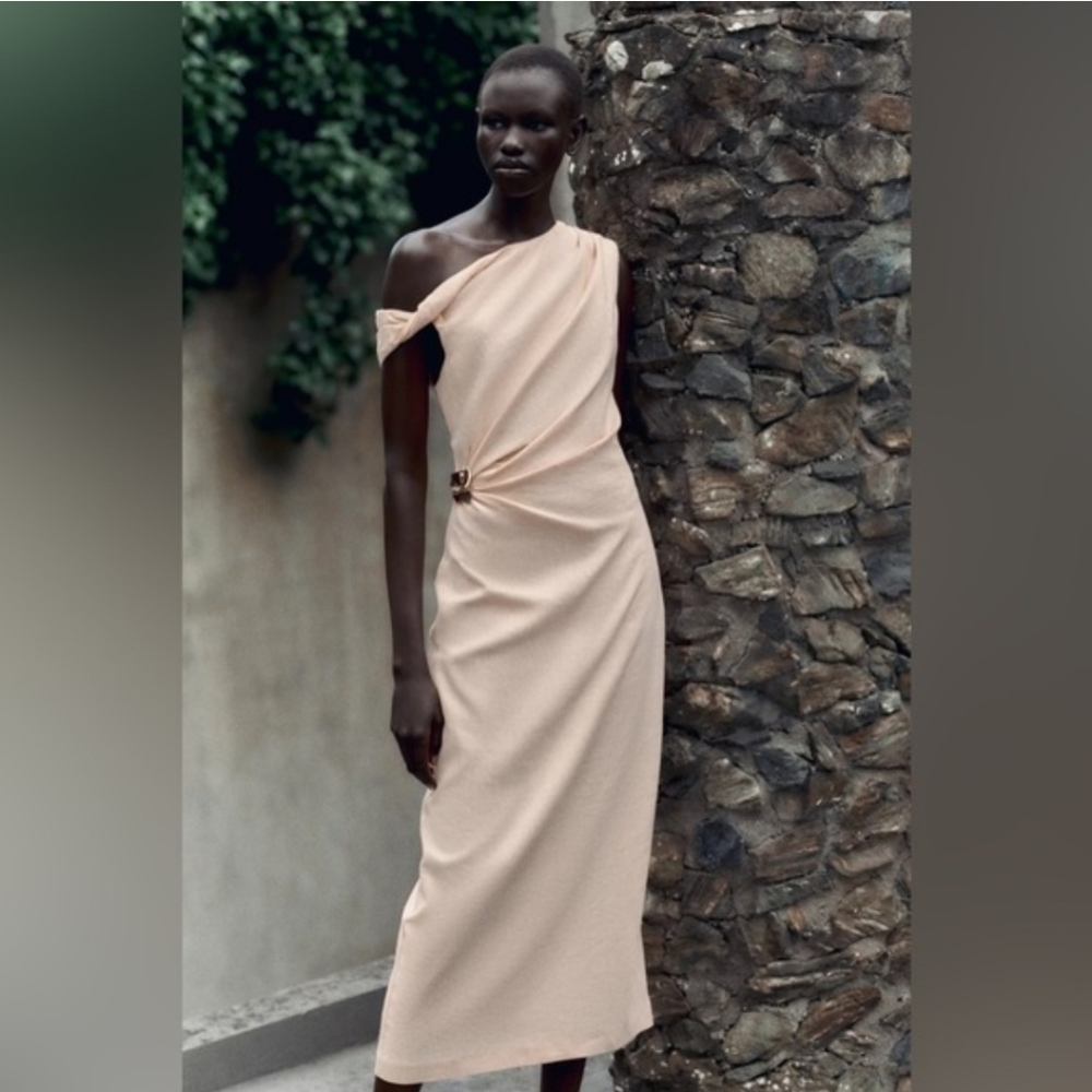 ASYMMETRIC LINEN-BLEND MIDI DRESS WITH APPLIQUEE
